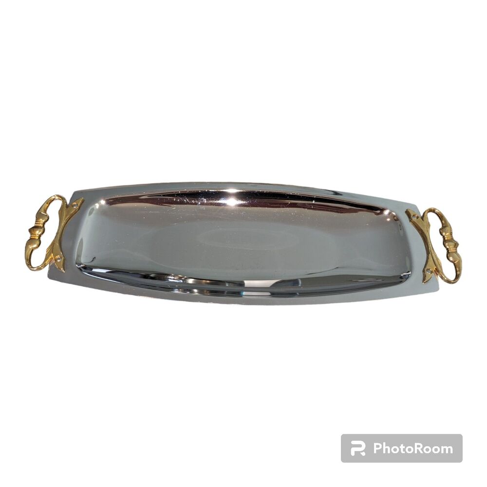 VTG Kromex Holiday Chrome Bread & Roll Tray #477-21 MCM Gold Handles